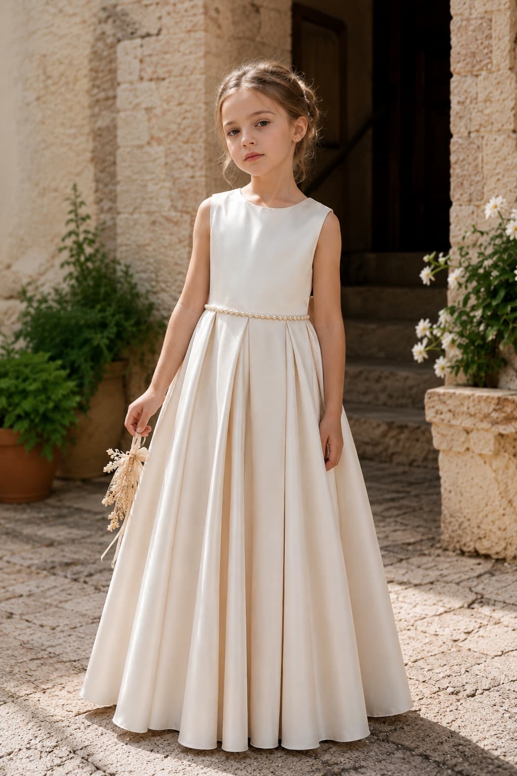 Elegant Satin Pearl Waist Pleated Skirt Bow Back Flower Girl Dresses 807252665221 - 7 Days / Ivory / 80cm - COCOMELODY
